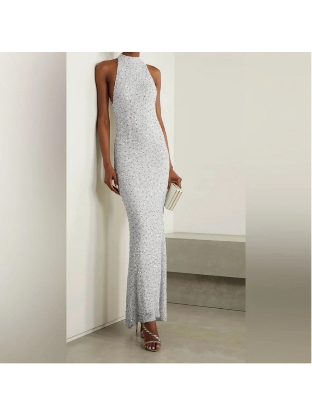 Retrofete Olivia Crystal Sequin Embellished Halterneck Maxi Dress Wedding Bridal
